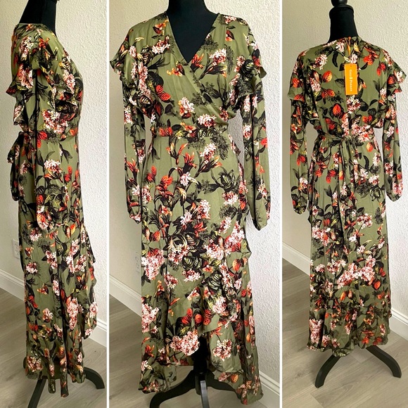 GIGI PARKER • Ruffled Long Sleeve Wrap Dress Safari Floral Deep Lichen Green NWT - Picture 4 of 13